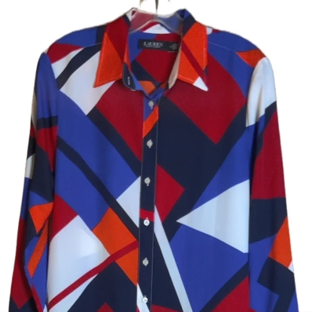 Ralph Lauren Red and Blue Casual Button Down Shirt with Geometric Pattern Size 4 - Picture 6 of 13